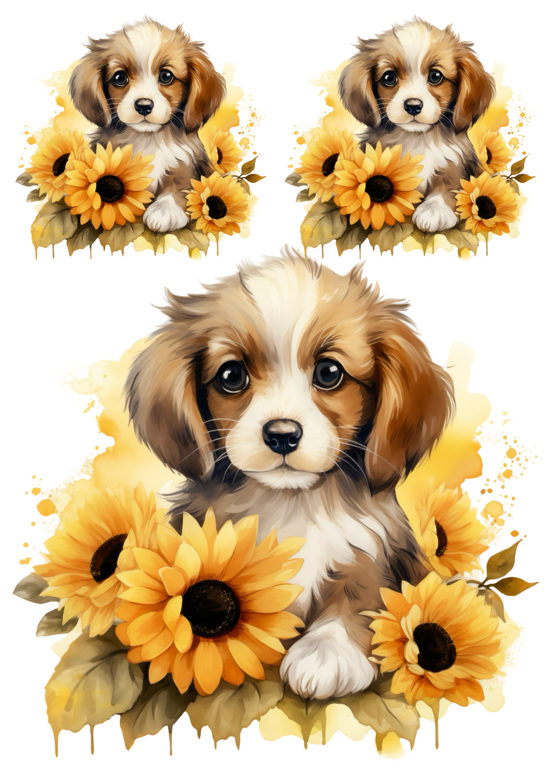 Rice Paper For Decoupage Puppy In Sunflowers Collage Cat. No. 4798