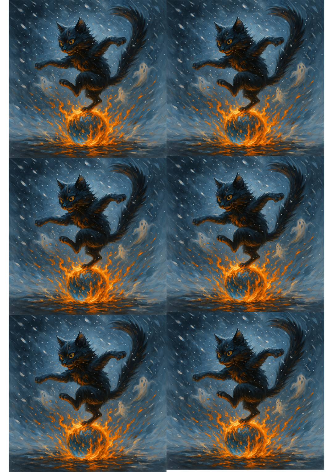 Rice Paper Decoupage Dancing Cat On Burning Water Ball In Snowstorm Collage Cat. No. 4805