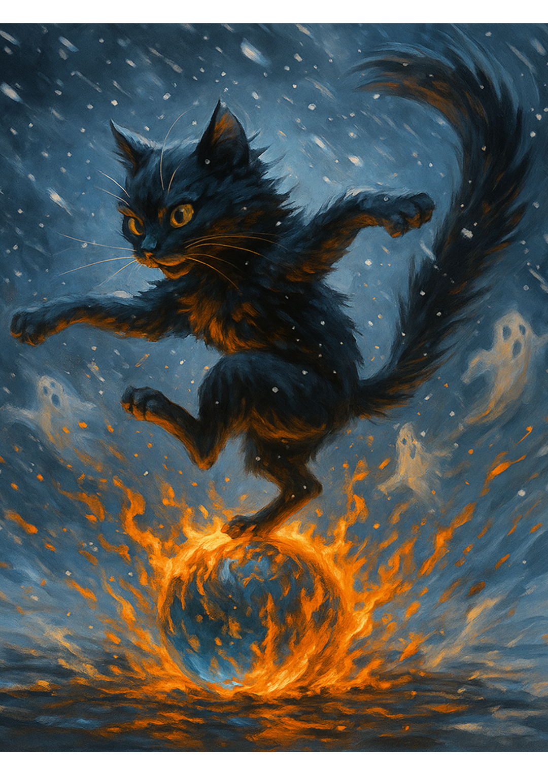 Rice Paper Decoupage Dancing Cat On Burning Water Ball In Snowstorm Full Cat. No. 4806