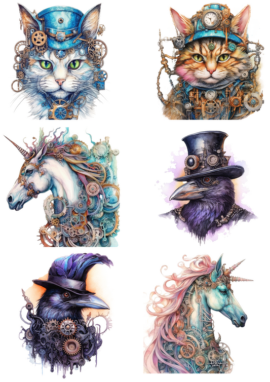 Rice Paper For Decoupage Steampunk Cat, Raven, Unicorn Collage Cat. No. 4824