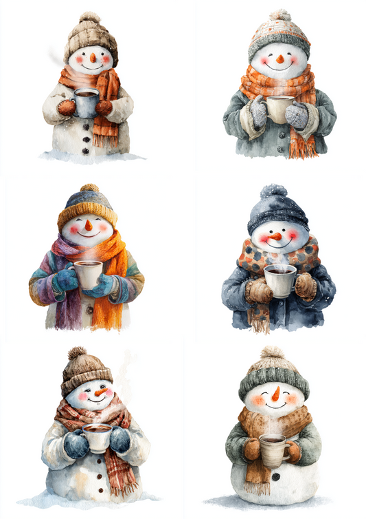 Rice Paper For Decoupage Smiling Snowman Drinking Tea Collage Cat. No. 4848