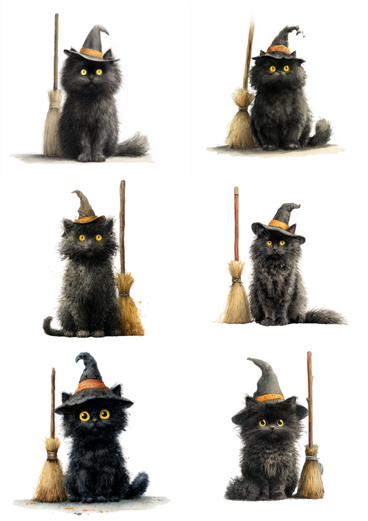 Rice Paper For Decoupage Black Cat Witch With Broom Collage Cat. No. 4851