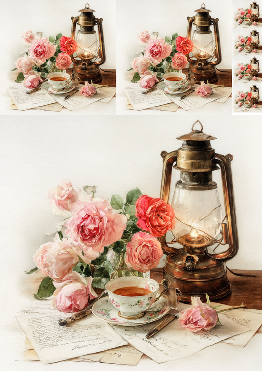 Rice Paper For Decoupage Roses On Old Letters Vintage Collage Cat. No. 4859