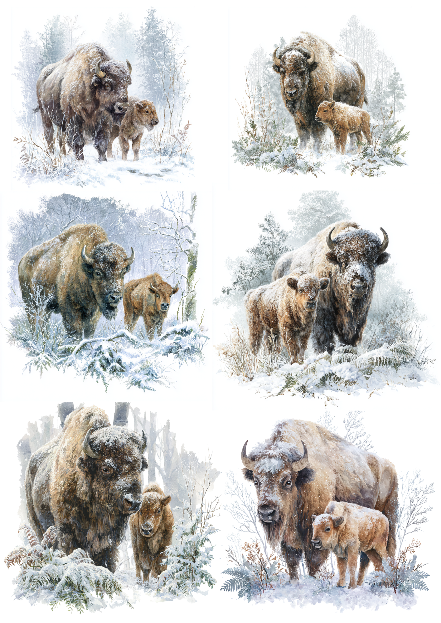 Rice Paper For Decoupage European Bison in Winter Collage Cat. No. 4880