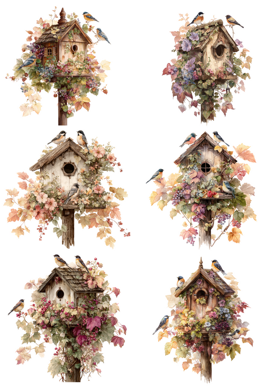 Rice Paper For Decoupage Romantic Birdhouses Vintage Collage Cat. No. 4882