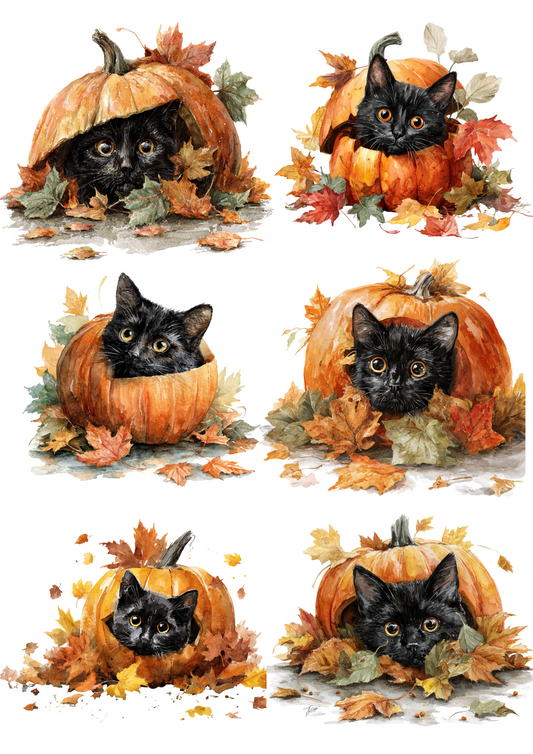 Rice Paper For Decoupage Halloween Cat In Pumpkin Collage Cat. No. 4891