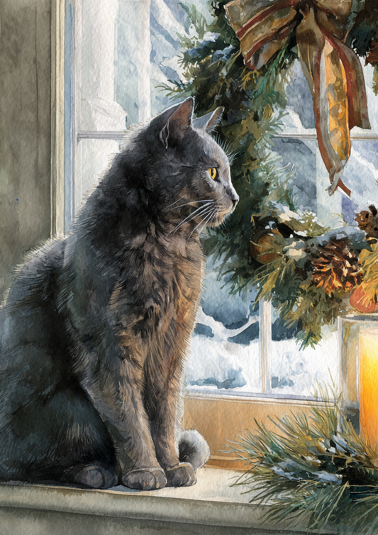 Rice Paper For Decoupage Christmas Cat On The Windowsill Full Cat. No. 4901