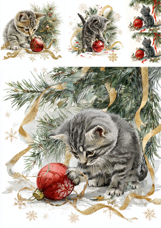 Rice Paper Decoupage Christmas Cat Playing with a Christmas Tree Bauble Cat. No. 4904