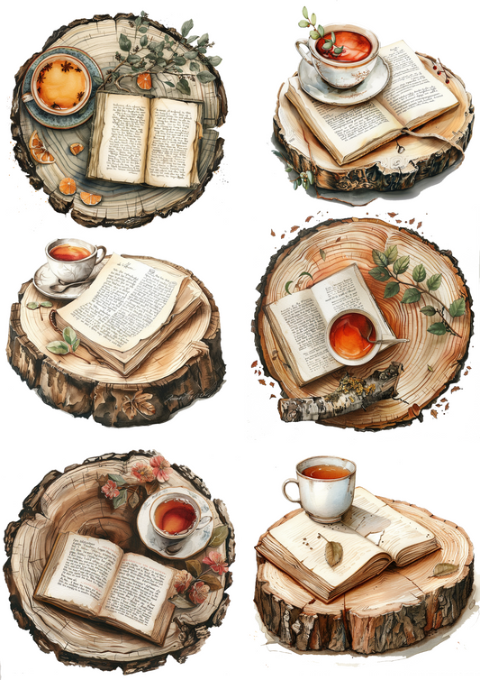 Rice Paper for Decoupage Cup of Tea on a Tree Trunk and Book Collage Cat. No. 4905