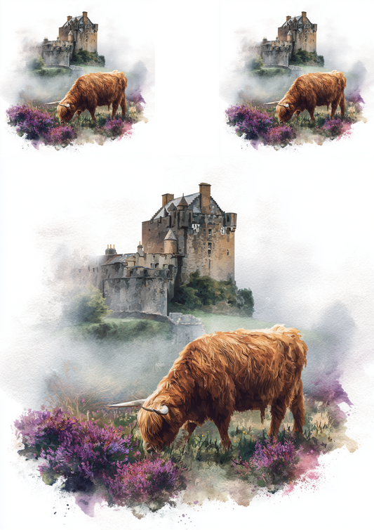 Rice Paper for Decoupage Highland Cow and Scottish Castle Collage Cat. No. 4910