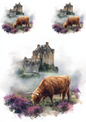 Rice Paper for Decoupage Highland Cow and Scottish Castle Collage Cat. No. 4910
