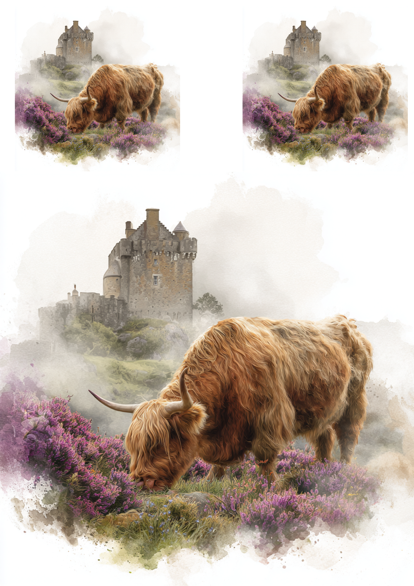 Rice Paper for Decoupage Highland Cow and Scottish Castle Collage Cat. No. 4912