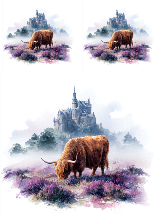 Rice Paper for Decoupage Highland Cow and Scottish Castle Collage Cat. No. 4913