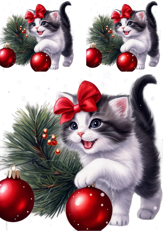 Rice Paper Decoupage Little Kitten Playing with a Christmas Tree Bauble Collage Cat. No. 4914