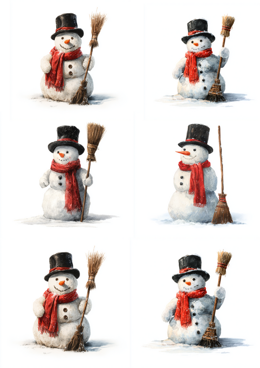 Rice Paper For Decoupage Snowmen With Broom Collage Cat. No. 4930