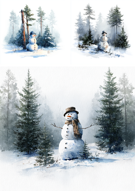 Rice Paper For Decoupage Snowman In The Forest Collage Cat. No. 4931