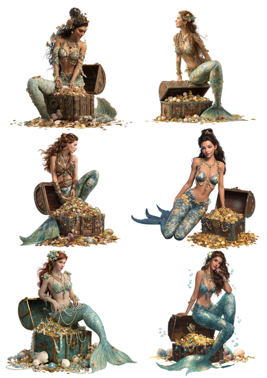 Rice Paper For Decoupage Mermaids On A Treasure Chest Collage Cat. No. 4936