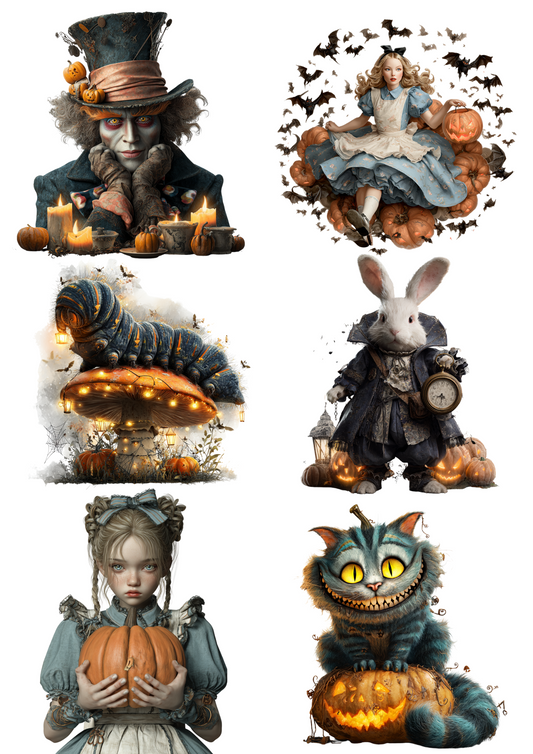 Rice Paper For Decoupage Alice in Wonderland Various Characters Halloween Edition Collage Cat. No. 4939