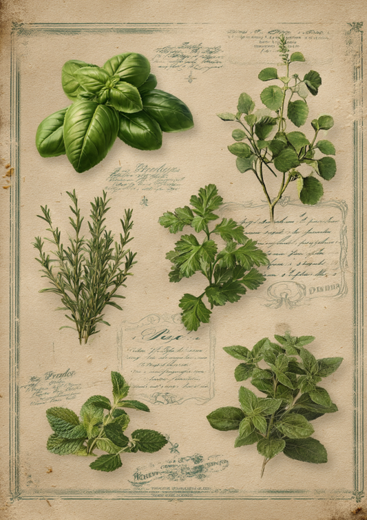 Rice Paper For Decoupage Vintage Botanical Herbs Background For Junk Journaling Cat. No. 4948