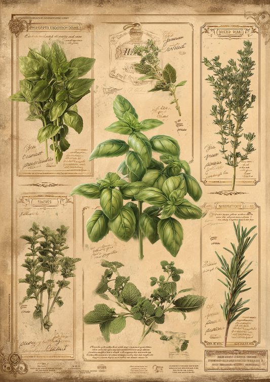 Rice Paper For Decoupage Vintage Botanical Herbs Background For Junk Journaling Cat. No. 4949