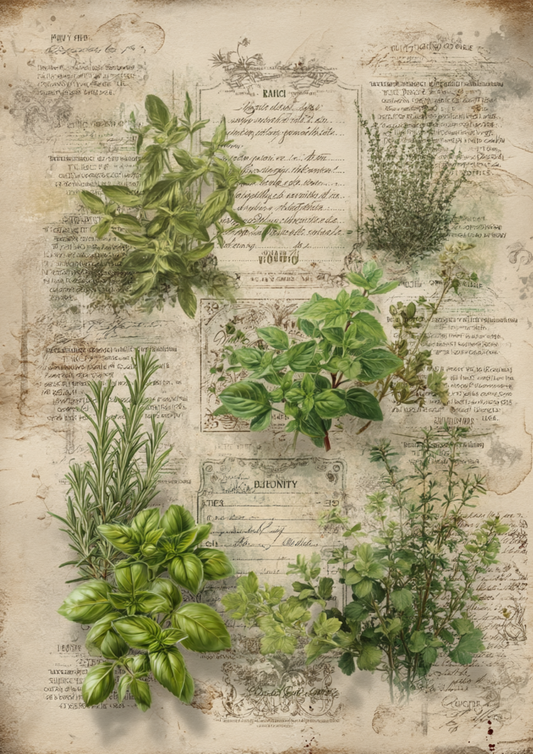 Rice Paper For Decoupage Vintage Botanical Herbs Background For Junk Journaling Cat. No. 4950