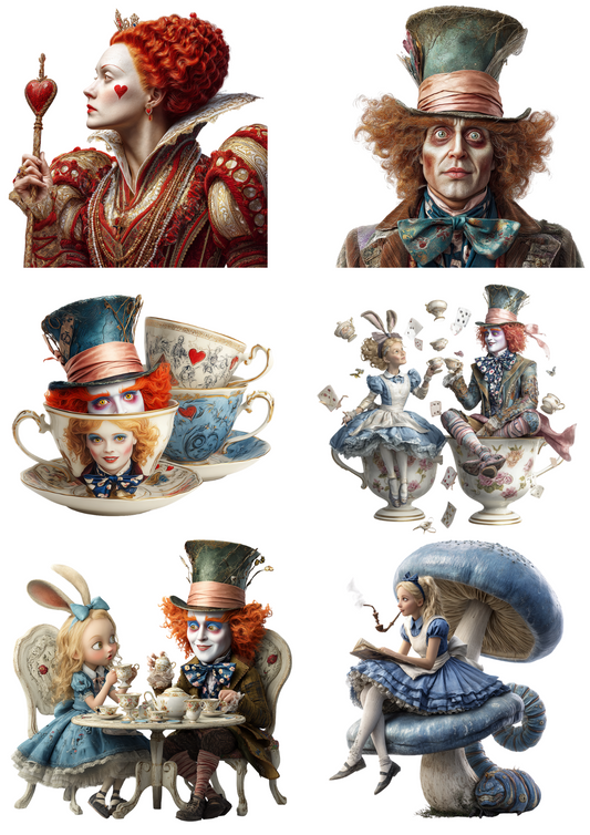 Rice Paper For Decoupage Alice in Wonderland Various Characters Collage Cat. No. 4962