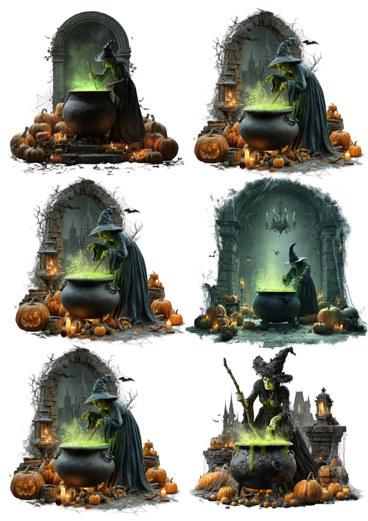Rice Paper For Decoupage Witch Over Magic Cauldron Collage Cat. No. 4973