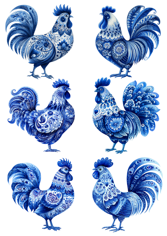 Rice Paper For Decoupage Folk Cobalt Rooster Collage Cat. No. 5015