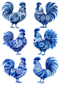Rice Paper For Decoupage Folk Cobalt Rooster Collage Cat. No. 5015