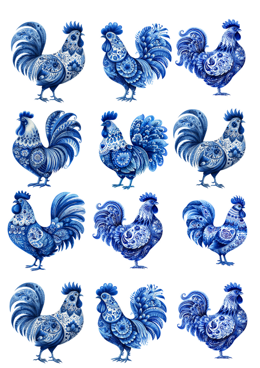 Rice Paper For Decoupage Folk Cobalt Rooster Collage Cat. No. 5016