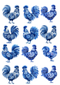 Rice Paper For Decoupage Folk Cobalt Rooster Collage Cat. No. 5016