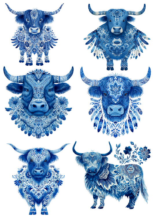 Rice Paper for Decoupage Folk Cobalt Highland Cow Collage Cat. No. 5017