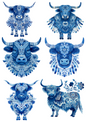 Rice Paper for Decoupage Folk Cobalt Highland Cow Collage Cat. No. 5017