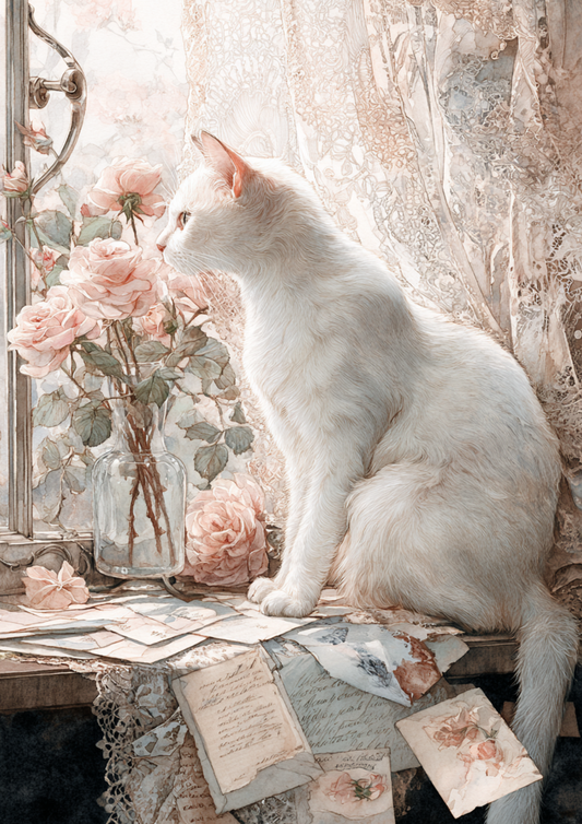 Rice Paper for Decoupage White Cat in Journal Style Background Schabby Chic Full Cat. No. 5018