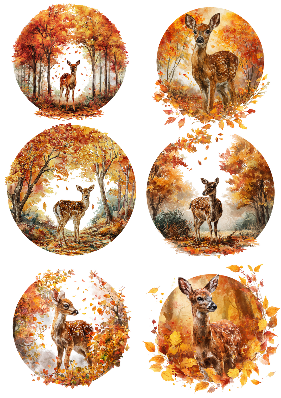 Rice Paper For Decoupage Little Deer In Autumn Circles Collage Cat. No. 5038