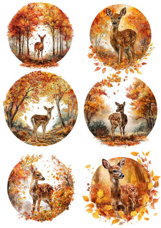 Rice Paper For Decoupage Little Deer In Autumn Circles Collage Cat. No. 5038