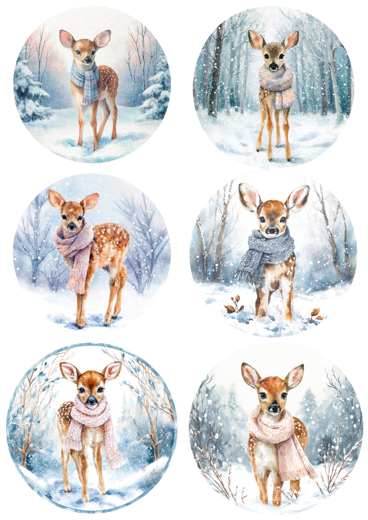 Rice Paper For Decoupage Little Deer In Winter In Circles Collage Cat. No. 5042