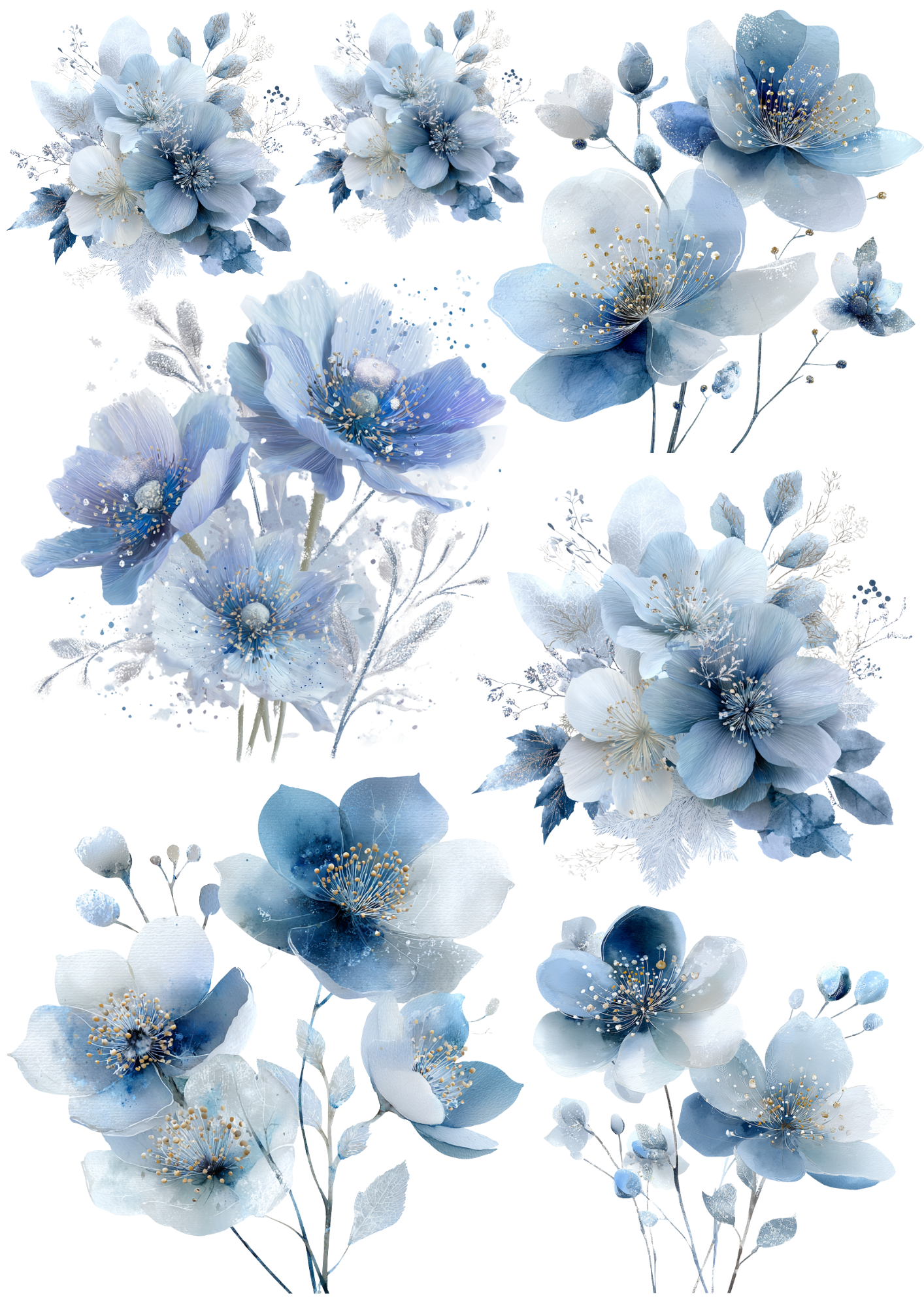 Rice Paper For Decoupage Abstract Blue Anemones Collage Cat. No. 5048