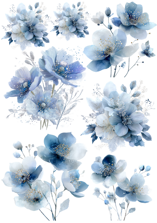 Rice Paper For Decoupage Abstract Blue Anemones Collage Cat. No. 5048