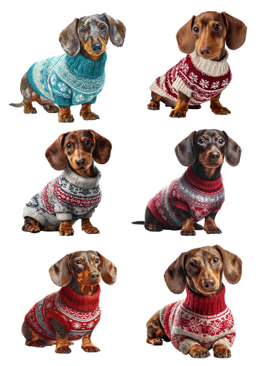 Rice Paper For Decoupage Dachshund In Sweater Collage Cat. No. 5051