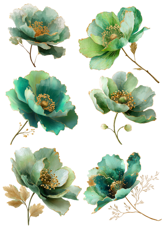 Rice Paper For Decoupage Abstract Green Anemones Collage Cat. No. 5053