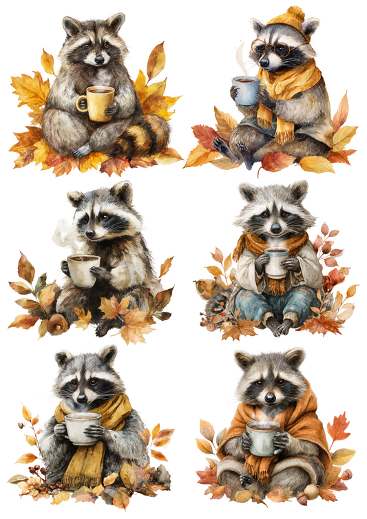 Decoupage Rice Paper Raccoon Is Drinking Tea Collage Cat. No. 5067