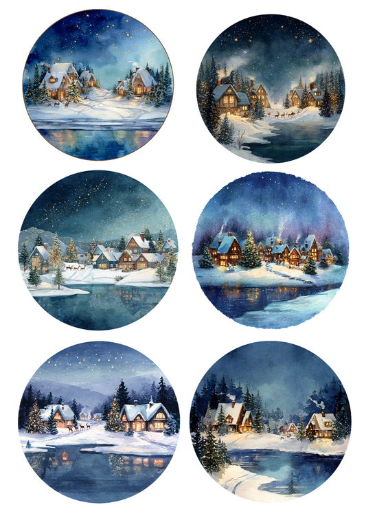 Rice Paper for Decoupage Winter Landscapes in Circles Collage Cat. No. 5073