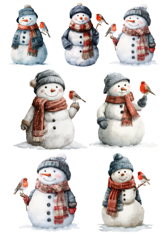 Rice Paper For Decoupage Snowmen With Red Robin Collage Cat. No. 5074