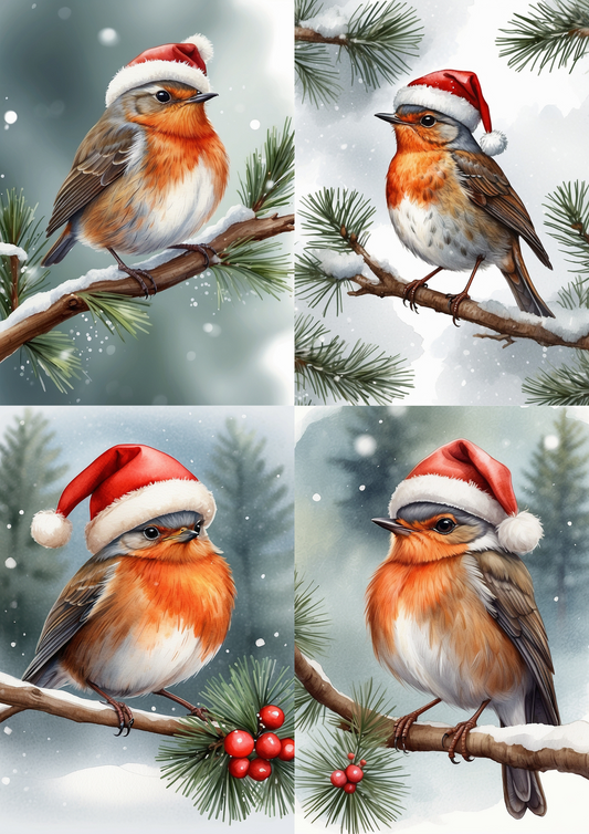 Rice Paper For Decoupage Red Robin In Christmas Hat Collge Cat. No. 5082