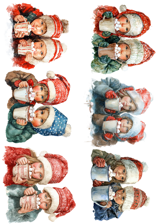 Rice Paper For Decoupage Children Are Drinking Hot Chocolate Collage Cat. No. 5092