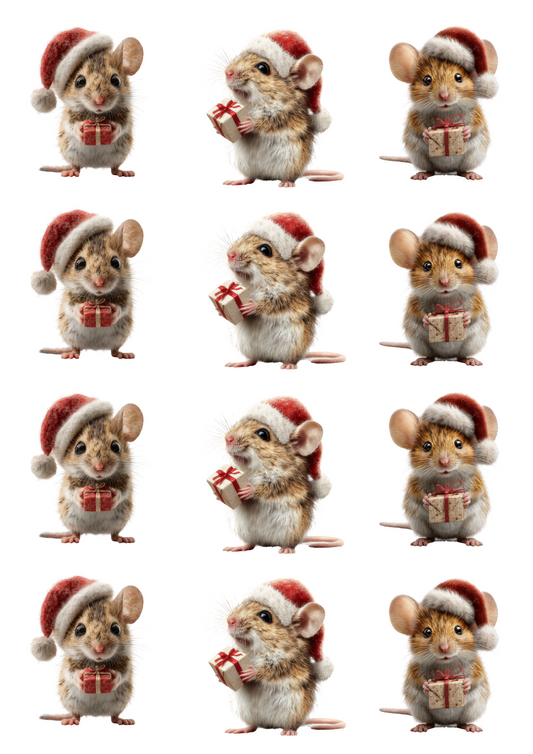 Rice Paper For Decoupage Mouse With A Gift In A Christmas Hat Collage Cat. No. 5101