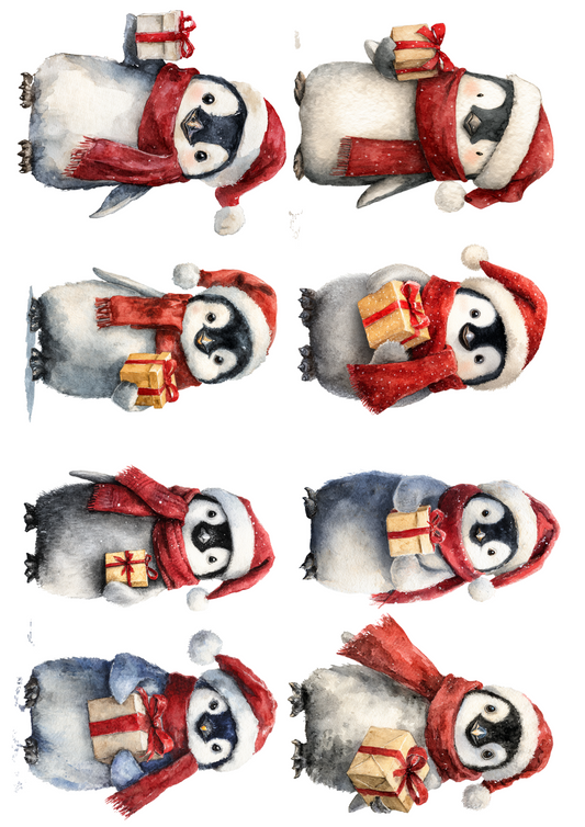 Rice Paper For Decoupage Penguins With Christmas Gifts Collage Cat. No. 5108