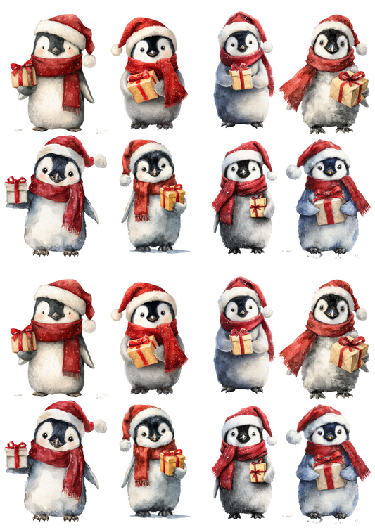 Rice Paper For Decoupage Penguins With Christmas Gifts Collage Cat. No. 5109