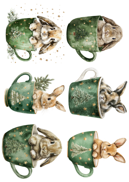 Rice Paper For Decoupage Bunny in a Cup Collage Cat. No. 5116
